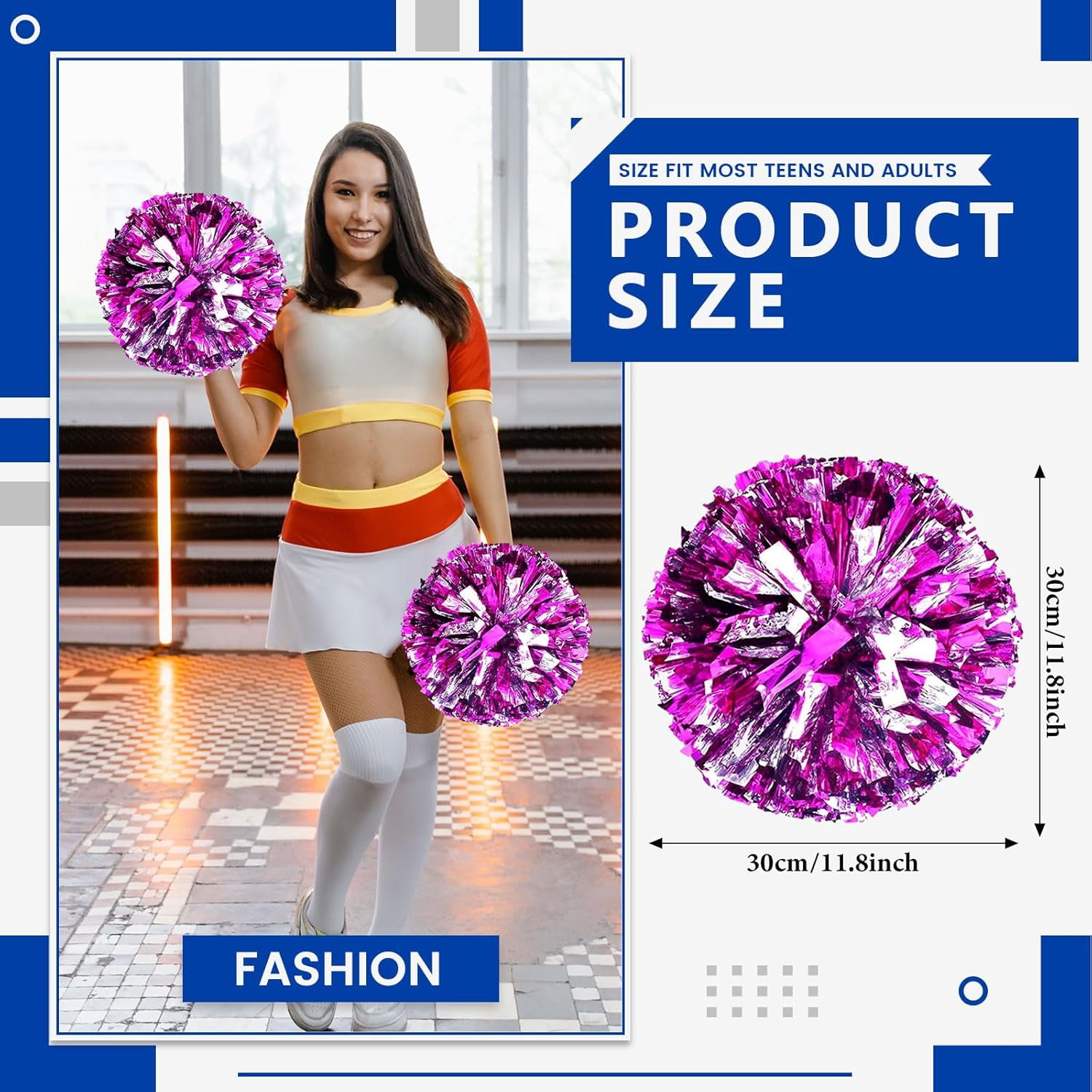 Cheerleader Pom Poms 12 Pack Sports Dance Cheering Plastic Metallic Cheerleading Pom Poms for Kids Adults