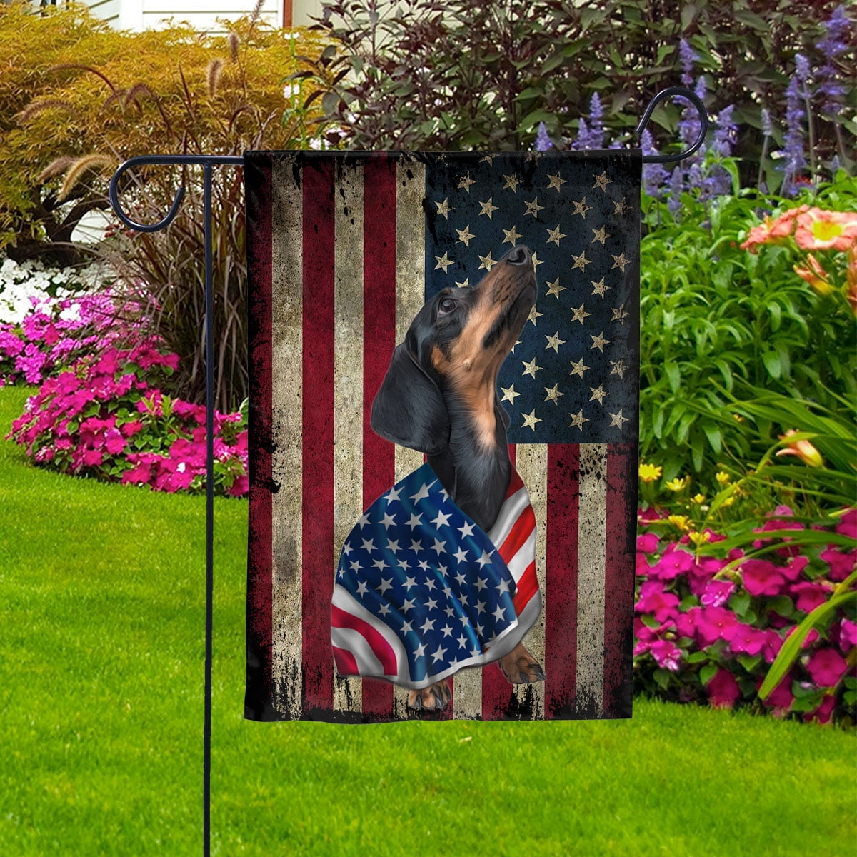 American Flag Dachshund Dog Wearing Flag American Patriot Patriotic 4th of july Garden Flag, Double-Sided Decorative Outdoor Flag, Patriotic Polyester Yard Flag 12 x 18 in