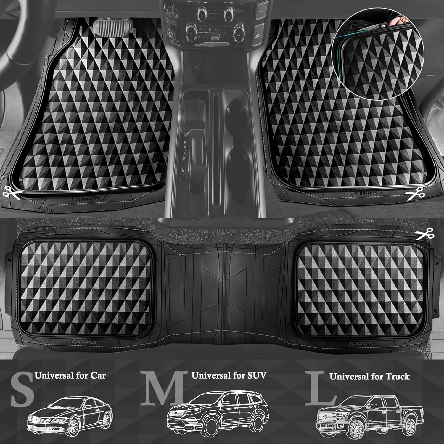 CAR GRAND Heavy Duty Rubber Car Mats, Deep Dish All-Weather Floor Mat for Car Full Set Durable Anti-Slip 3D Rhombus Waterproof Trim  Liner Universal Fit Automotive,Sedan,SUV,Truck, 3 Piece Black