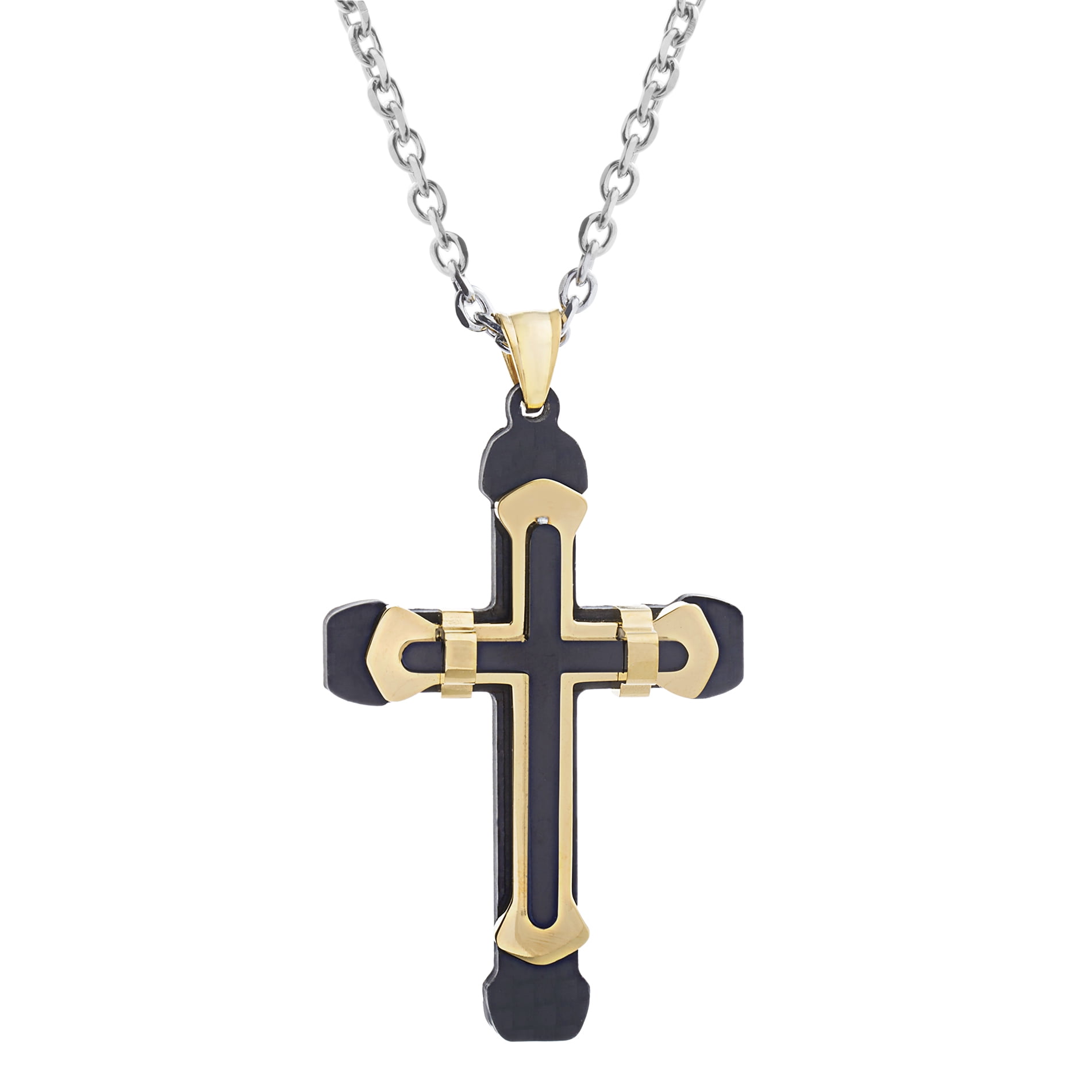 Mens Tri-Color Fiber Carbon Cross Rolo Chain Necklace in Stainless Steel