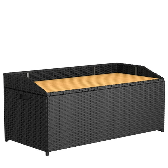 Greesum 65 Gallon Rattan Wicker Deck Box Large Outdoor Storage with Wood Bench Surface and Dust Bag for Patio Furniture, Garden Tools, Pool Supplies, Weatherproof and UV Resistant, Black