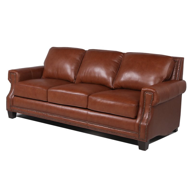Maklaine Leather Sofa with Nail head Trim in Cobblestone Brown