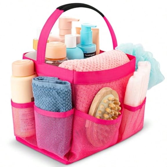 Shower Caddy Mesh - 9 Pocket Portable Bathroom Organizer Tote for Travel Gym and Dorm - Collapsible Small Shower Caddy Bag to Hold Toiletries and Essentials Pink