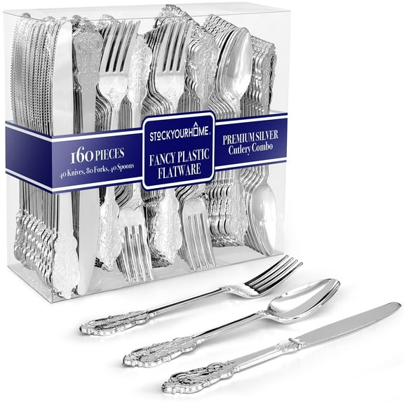 160 Pcs Silver Plastic Silverware Set- 80 Silver Forks, 40 Silver Spoons, 40 Silver Knives, Heavy Duty Disposable Utensils Heavyweight Cutlery, Elegant Flatware, Dinner Party, Wedding, Holiday Parties
