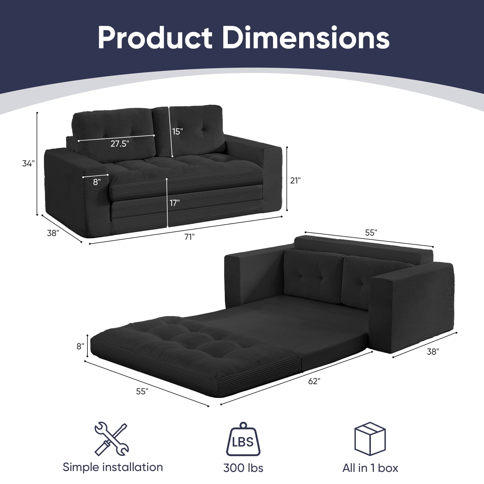 ZAFLY 2 in 1 Convertible Loveseat, Futon Sleeper Sofa Bed, Floor Couch for Small Space - Black