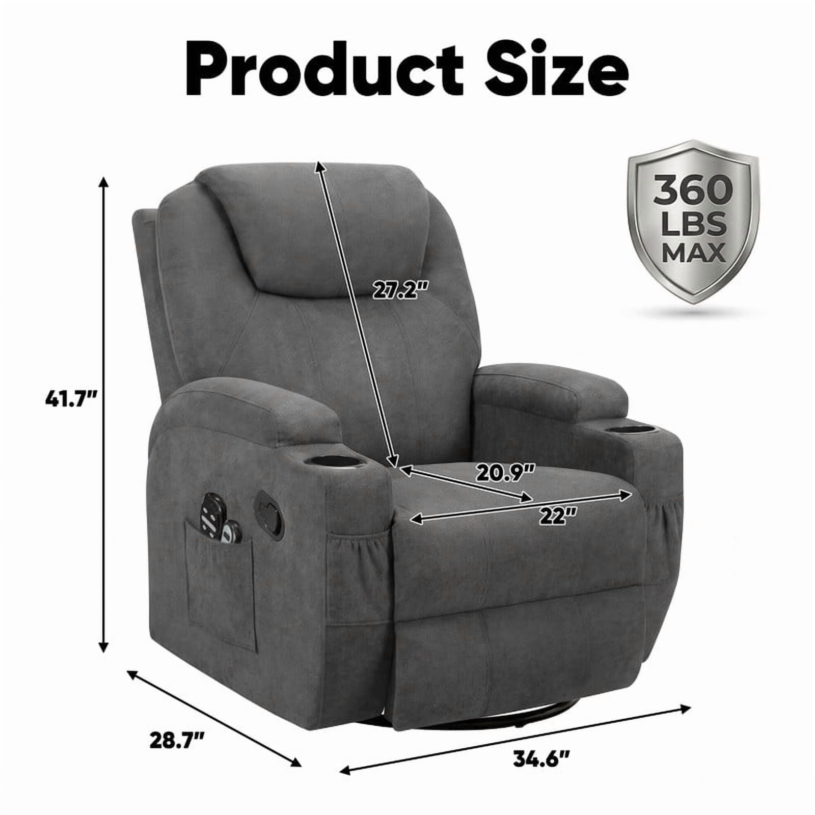 Lacoo PU Leather Swivel Rocker Recliner with Massage for Living Room Small Spaces Lounge Recliner Chair with Side Pockets for Adults,Linen Gray