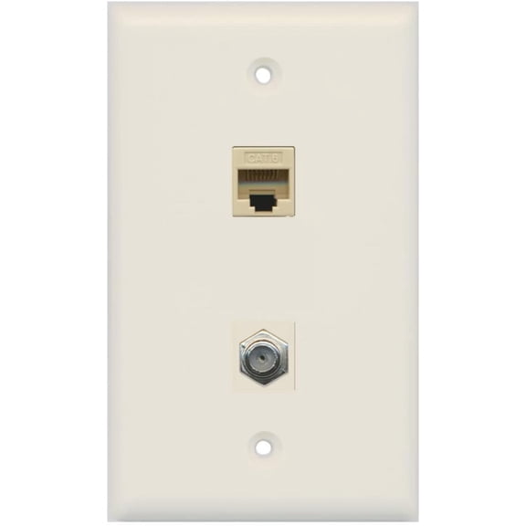 RiteAV - 1 Port Coax Cable TV- F-Type 1 Port Cat6 Ethernet Wall Plate - Light Almond
