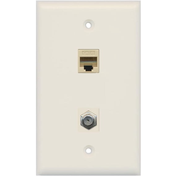 RiteAV - 1 Port Coax Cable TV- F-Type 1 Port Cat6 Ethernet Wall Plate - Light Almond