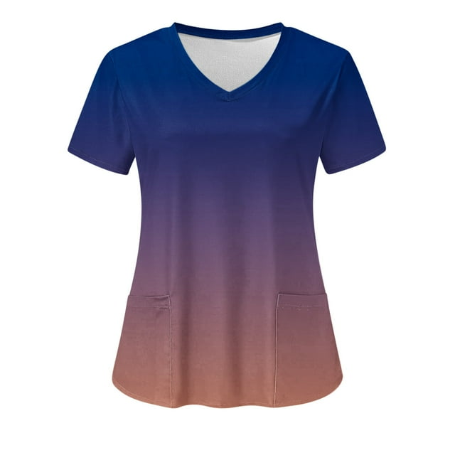Hauts de Scrubs Dégradés à Col en V pour Femmes, Uniforme Médical Extensible Doux Résistant aux Plis avec 2 Poches, Blouse Légère et Confortable à Manches Courtes Imprimée Kaki