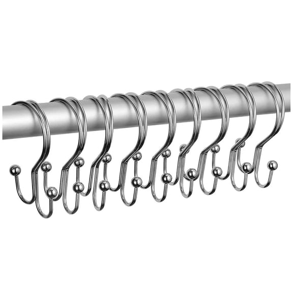 12 Piece Set - Chrome  Heavy Duty Double Ear Shower Curtain Hooks Rings Rustproof Metal
