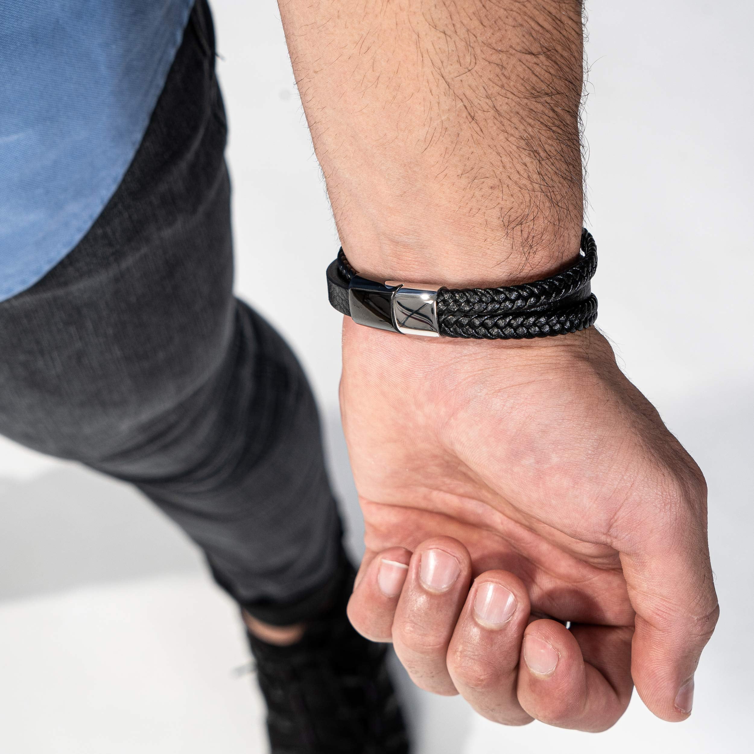 SERASAR Man's Leather Bracelet "Glory" with stainless steel magnetic closure, Silver 20cm, including gift box