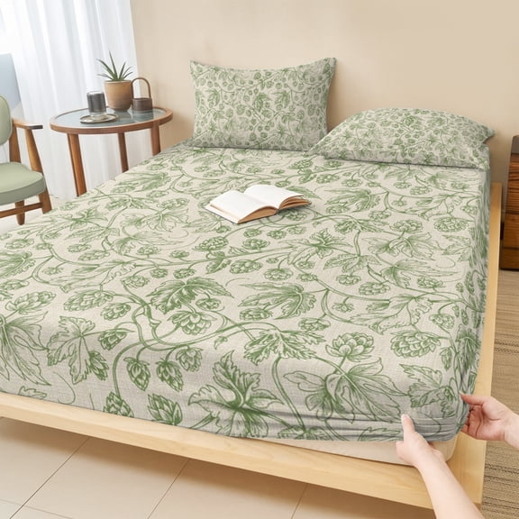 Twin XL Size Fitted Sheet Set - Sage Green Flowers 2 Piece Bedding Sets 16" Deep Pocket Fitted Sheet with 1 Pillowcases, Rustic Pastoral Botanical Floral Leaf Brushed Microfiber Hotel Bed Sheets