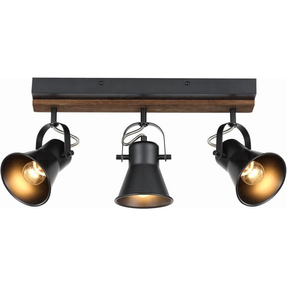 KEESFU 3-Light Industrial Track Lighting Fixture with Wood Accent, Black