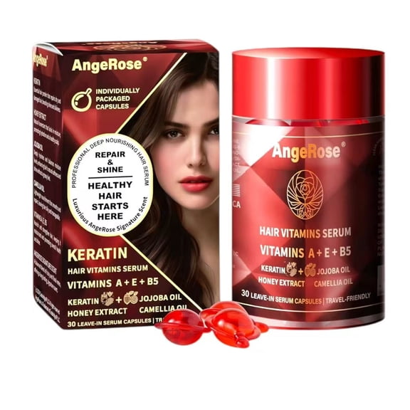 AngeRose Leave-in Hair Serum Conditioner  - Keratin, Honey, Jojoba, Argan Oil  Vitamins A E B5 for Smooth Hydrated Hair- Shine & Smooth Signature Scent-Moisturizing Serum Capsules with Honey Extract