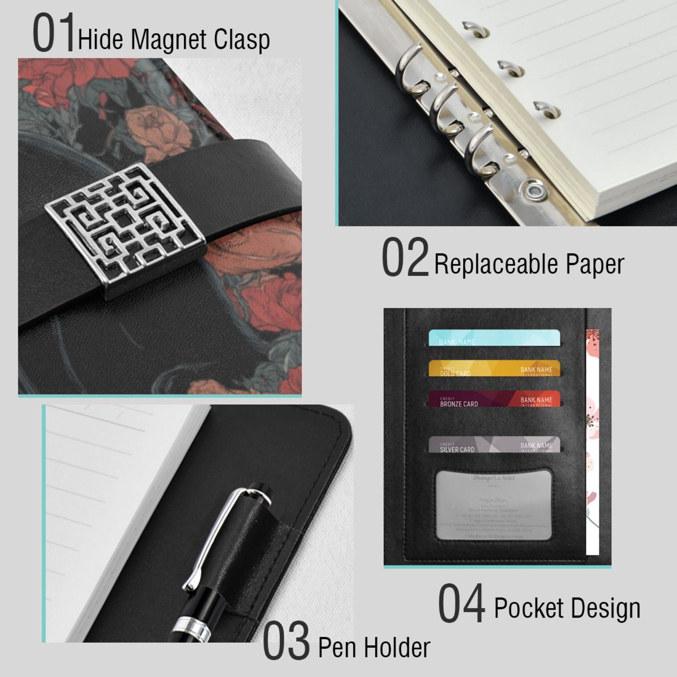 Leather Planner Leather Notebook Notebook Journal Binder Design Pen Pocket Design Convenient for Storage Black Cat Skull Art