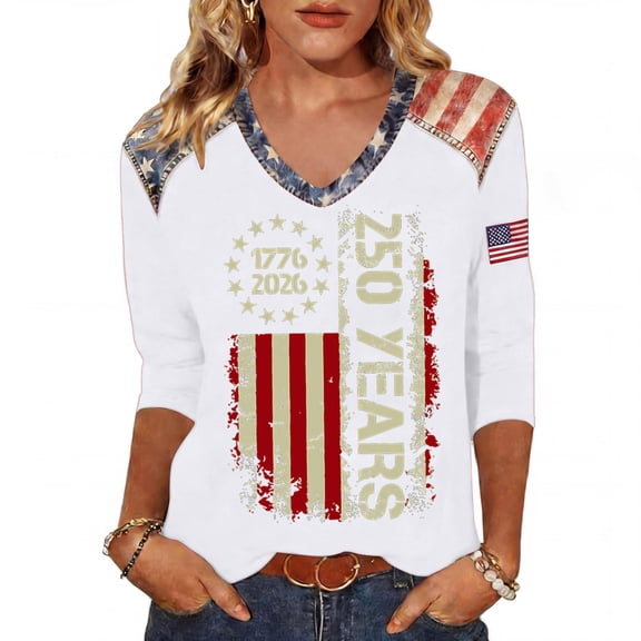 Fabrcox S-5XL 1776-2026 250 Anniversary USA Shirts Flag Print 3/4 Length Sleeve 4th of July Womens Shirt We the People Celebration Freedom Funny Patriotic Shirts for Women