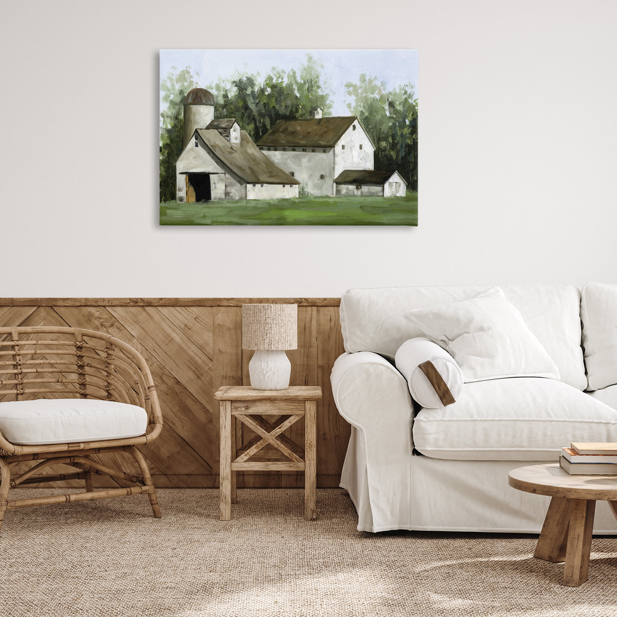 Stupell Industries White Barn Farmhouse Landscape Painting Gallery Wrapped Canvas Art Print Wall Art, 36 x 24