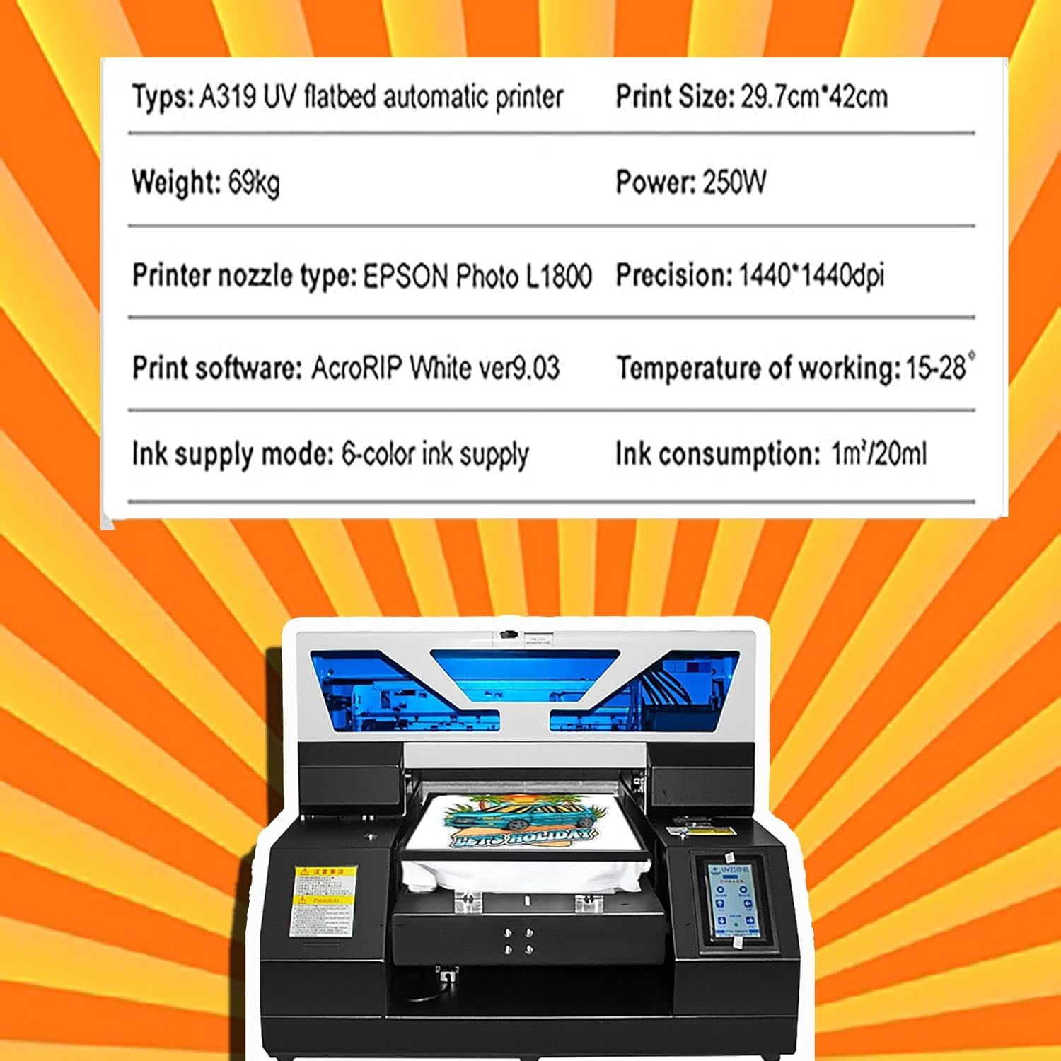 A3 L1800 UV DTG Printer T-Shirt Machine with Vacuum Platform & Bottle Holder, 2880 * 1440dpi UV Flatbed Printer