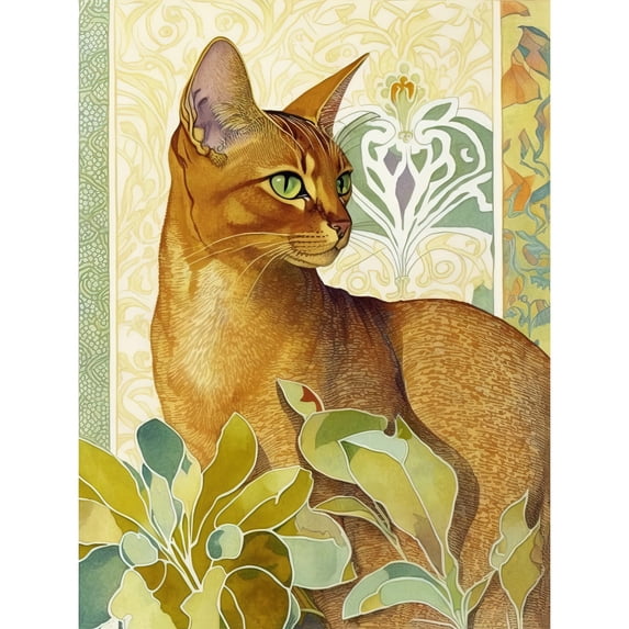 Abyssinian Cat with Plants Art Nouveau Bright Modern Watercolour Illustration Large Wall Art Poster Print Thick Paper 18X24 Inch