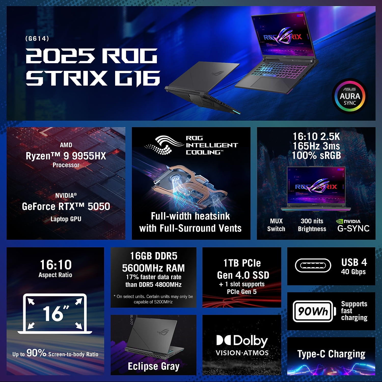 ASUS ROG Strix G16 16" FHD 165Hz Gaming Laptop NVIDIA GeForce RTX 5050 AMD Ryzen 9 9955HX 16GB RAM