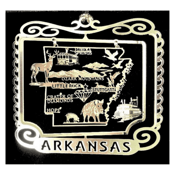 Arkansas State Brass Ornament Black Leatherette Gift Box