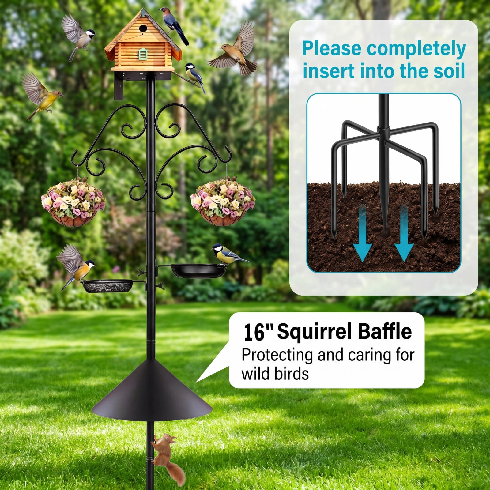 Heavy Duty Bird Feeder Pole,92 Inch Squirrel Proof Adjustable Bird Feeding Station,8 Shepherd Hooks for Feeder Stand, Includes Water Bowl and Mesh Tray,for Outdoor Garden & Yard