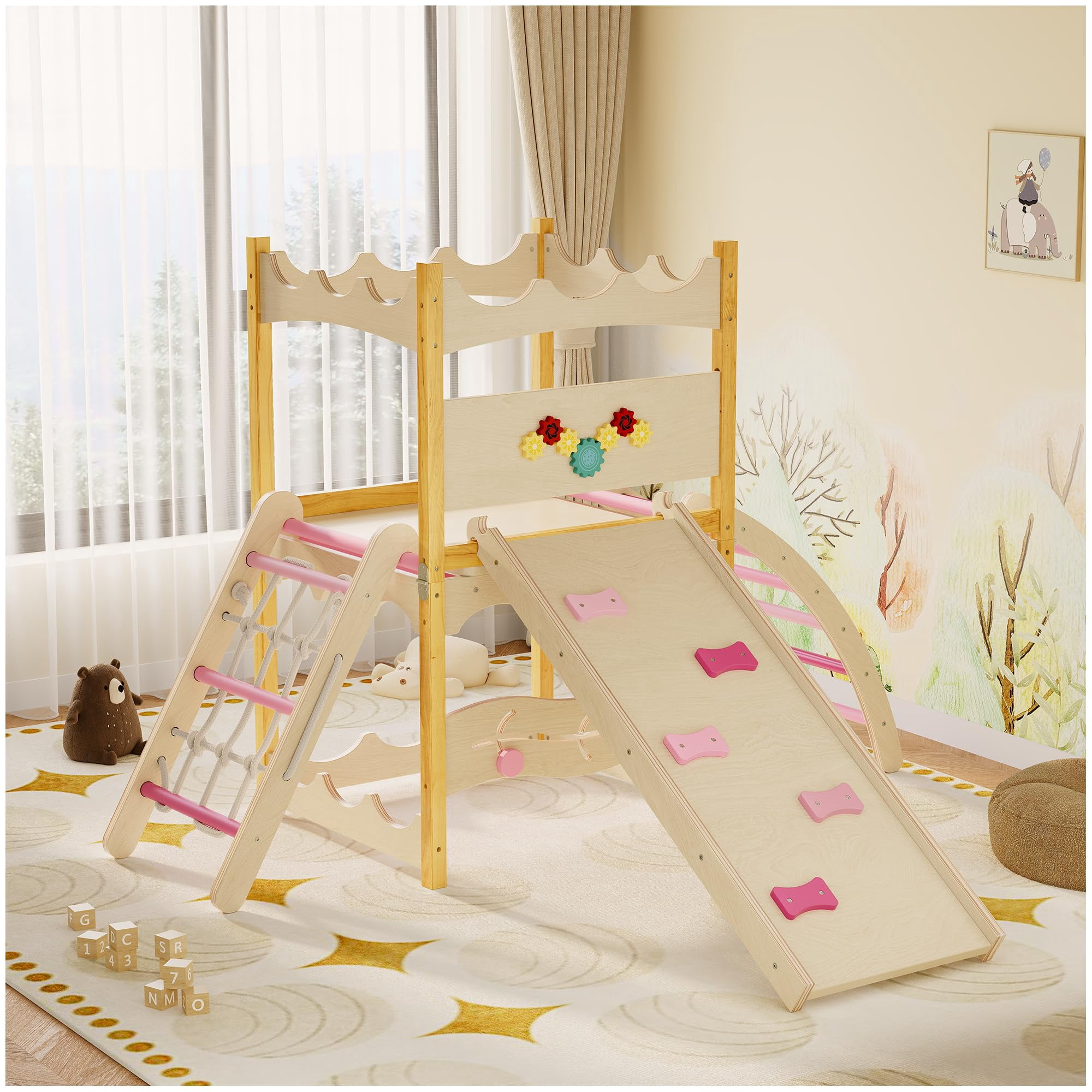 Wooden Kids Climbing Toys,6-in-1 Indoor Jungle Gym - Wooden Montessori Climbing Set with Slide,Climbing Rock & Net,Ladder,Rest Area,and Circle Labyrinth - Indoor Playground Climber Set for Toddlers