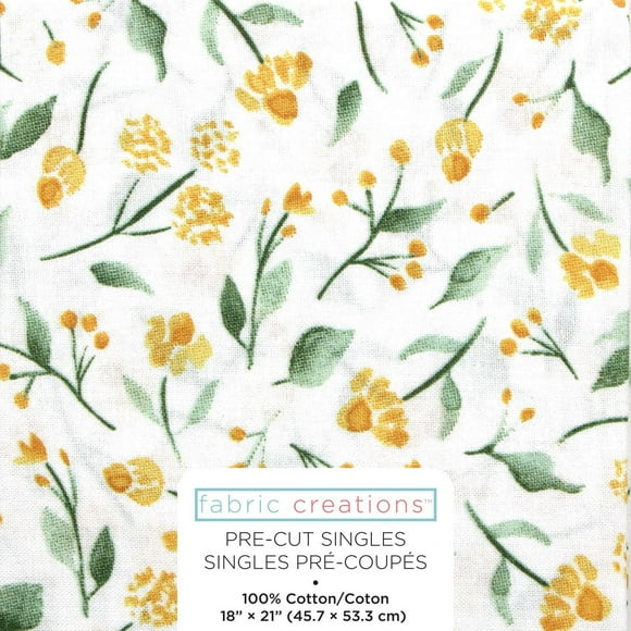 Tissu pré-coupé Fat Quarter de Fabric Creations blanc avec des fleurs jaunes sur tige - 18" x 21" / 45cm x 53cm