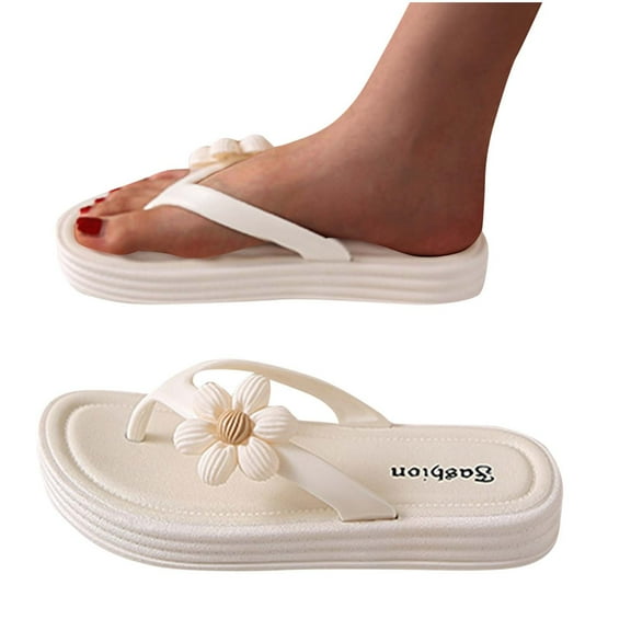 Xfvqtps Flip Flops for Womens Thick Sole Flower Decor Beach PVC Sandals White