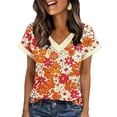 thumbnail image 2 of Inverlee Women's Floral Print Summer Tees V Neck Short Sleeve Bohemian Trendy Tops Holiday Casual Loose Fit Soft Tshirts Orange L, 2 of 7