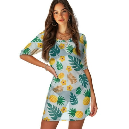 FKELYI Women s Swimsuit Cover Ups Round Neck Swimwear Cover-Up Pineapple Palm Leaf Flower Print Half-Sleeve Beachwear Bikini Beach Dress for Ladies Summer Vacation Swimming  S
