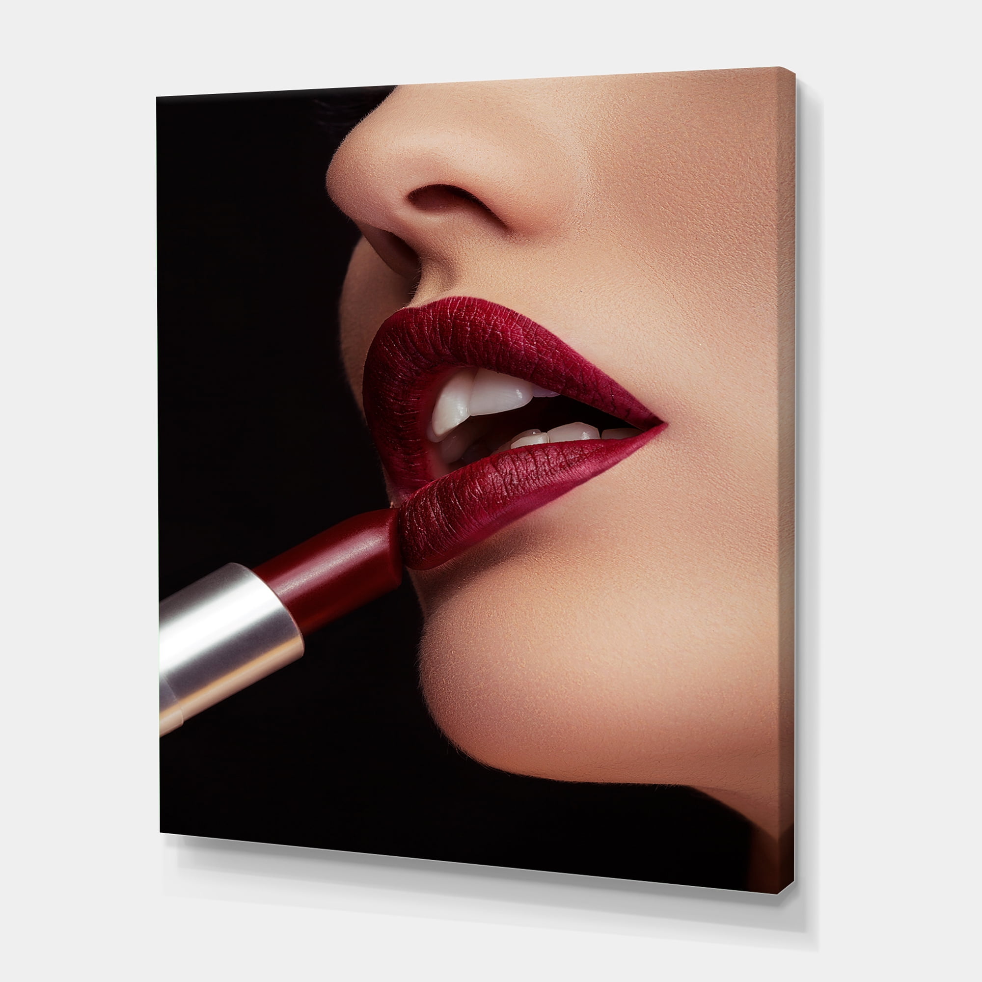 Designart ' Woman Applying Red Lipstick On Lips I ' Modern Canvas Wall Art Print