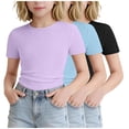 thumbnail image 4 of ITSAME 3 Pack Girls Crewneck T-Shirts Stretch Slim Ribbed Knit Tees Summer Basic Casual Tops Purple Size 13-14, 4 of 5