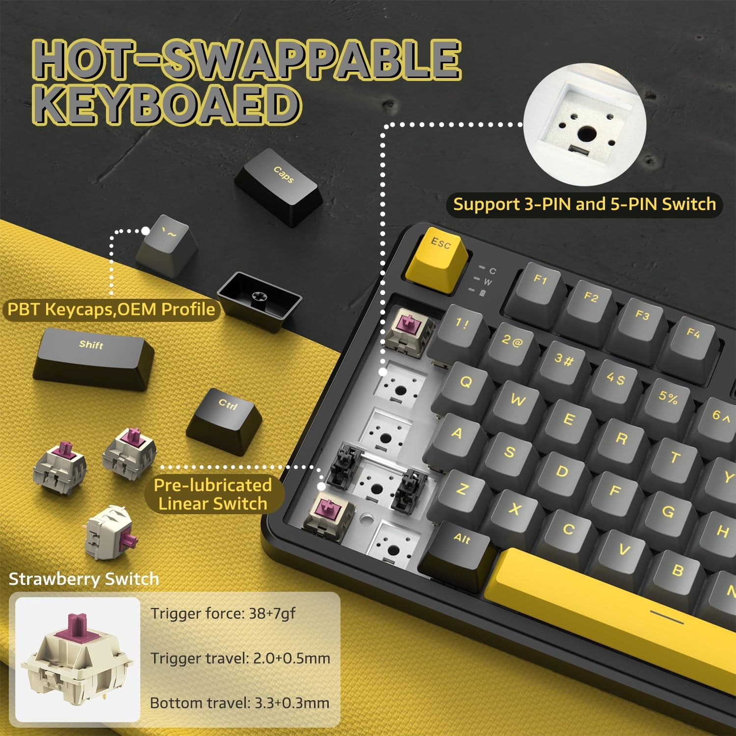 ATTACK SHARK X87 80% Wireless Mechanical Keyboard, BT5.0/2.4G/USB-C Hot-Swap Gasket Gaming Keyboard,RGB Backlit, 4000mAh,Pre-lubed Linear Switch, Side Engraved Gradient PBT Keycap for PC/MAC