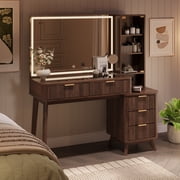 KeyWhat 48 Fluted Vanity Desk with 36 Mirror and Lights, Modern Makeup Table with 5 Drawers, Charging Station, Adjustable Shelves - Dark Walnut