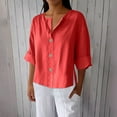thumbnail image 2 of Womens 3/4 Sleeve Linen Tops Plus Size V Neck Button Down Shirt Work Casual Blouses for Spring Summer Fall (4XL, Pink), 2 of 7