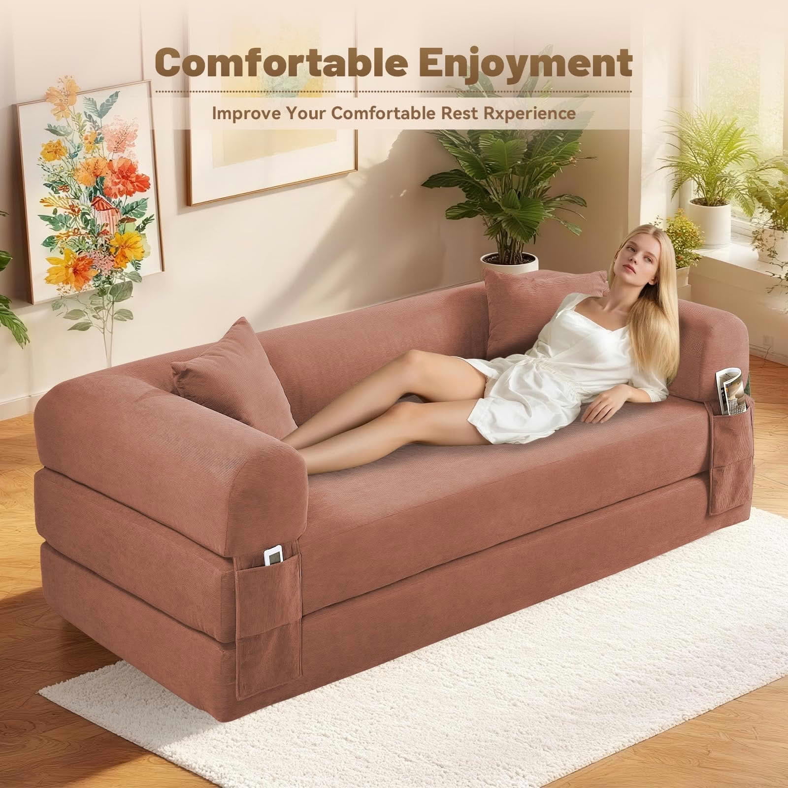 MAYEERTY 80" Pink Corduroy Convertible Sofa Bed, 600lbs Queen Size Fold Out Sleeper Couch with Storage & No Assembly for Living Room
