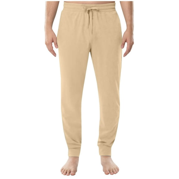 SEAOPEN Men's Casual Chino Joggers Pants Cotton Twill Elastic Drawstring Waist Tapered Pants with Pockets Beige,L