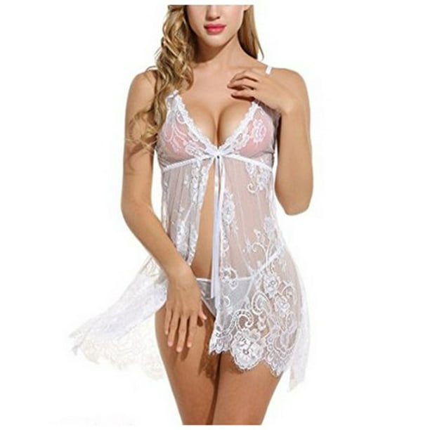 Lingerie for Women Sexy Naughty Push Up Bra Bow Tie Mesh Lace Erotic  Suspender Nightgown See-Through Nightgown 