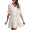 thumbnail image 3 of Summer Dresses for Women Under $10 New Ruffle Loose Solid Beach Button Cover Skirt Knee Length Dress, 3 of 3