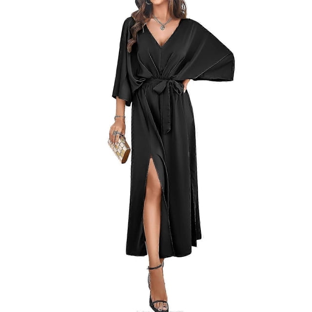 Women Sexy Backless Batwing 3/4 Sleeve Belted Long Dress Solid Color Side Split Flared Loose Cocktails Party Dresses Green XL