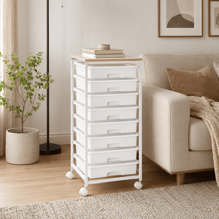 KINGTIDY 8-Drawer Rolling Storage Cart with Wooden Top photo 7