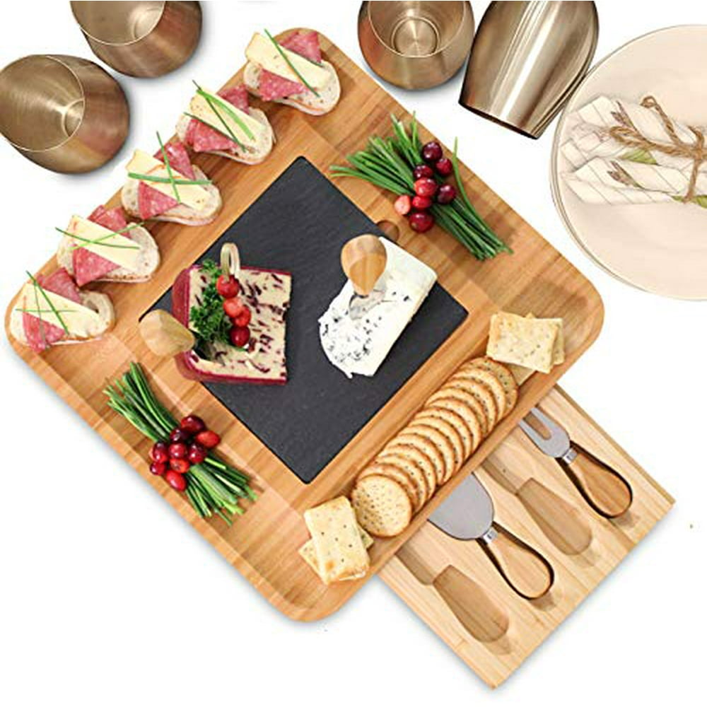 Premium Bamboo Wood Cheese Board and Knife Set, Charcuterie Board Platter, Slate Cheese Plate