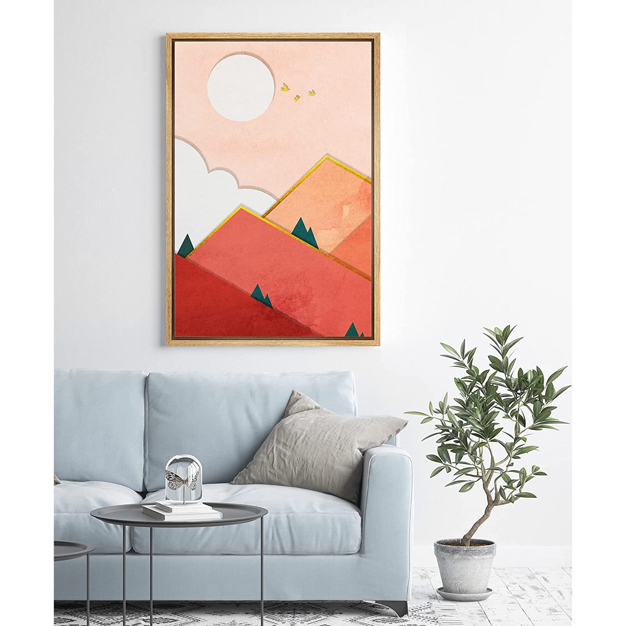 PixonSign Framed Wall Art Print Set Abstract Triangle Mountains with Birds Geometric Wilderness Digital Art Modern Art Farmhouse/Country Boho Decor for Living Room Bedroom - 16 x24 Natural