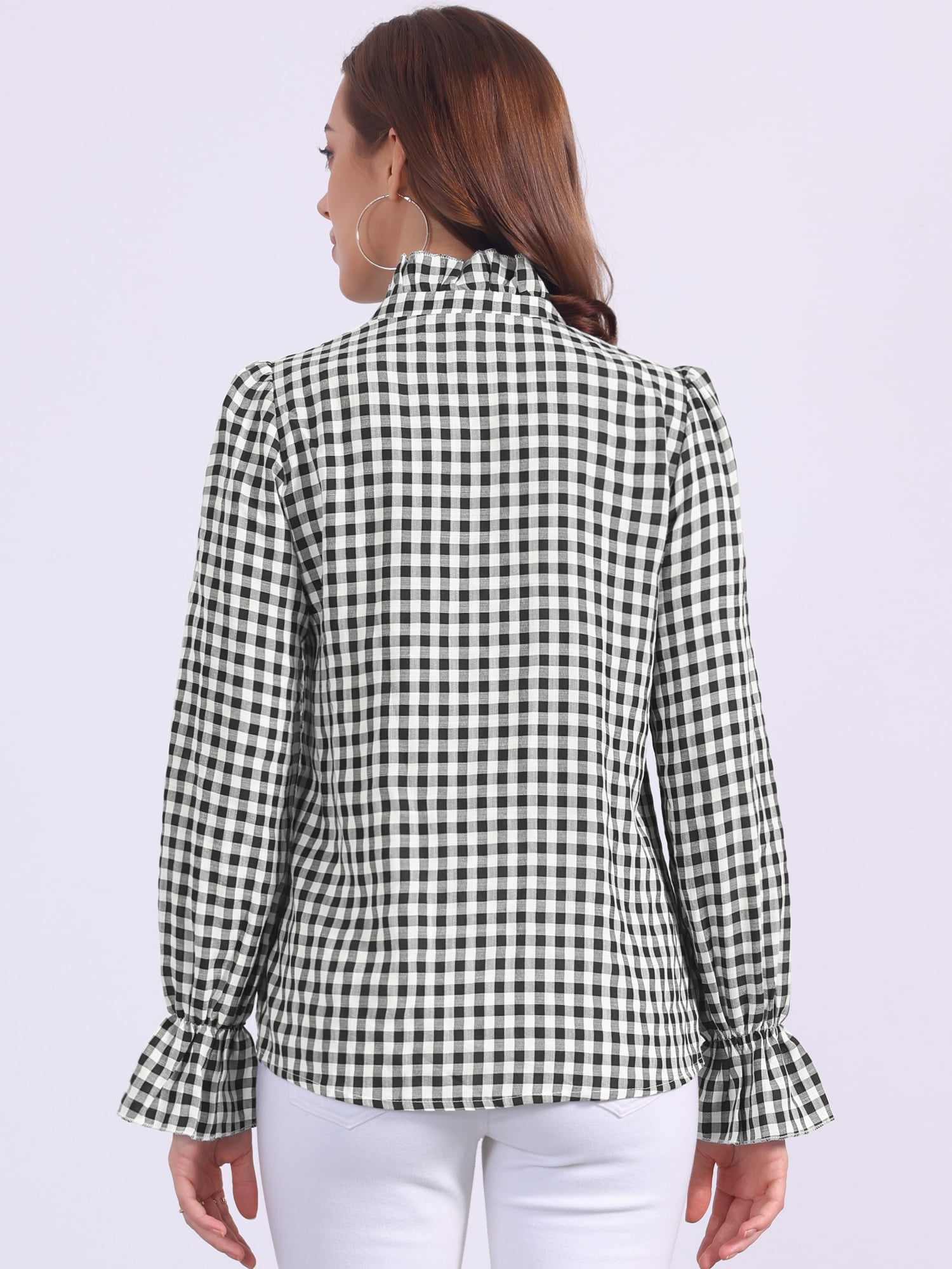 DARING DIVA Women's Gingham Ruffle V Neck Button Front Long Sleeve Blouse XL Black