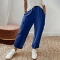 thumbnail image 4 of KHONTS Women's Linen Pants with Cargo Pockets Straight Wide Leg Summer Pants Elastic High Waist Casual Trousers Blue L, 4 of 7