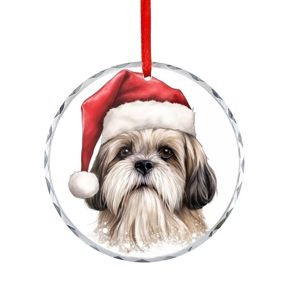 Shih Tzu Dog Wear Santa Hat Glass Ornament Hanging Ornaments for Holiday Decoration Dog Lovers Round Glass Hanging Ornament for Family Couples Friends
