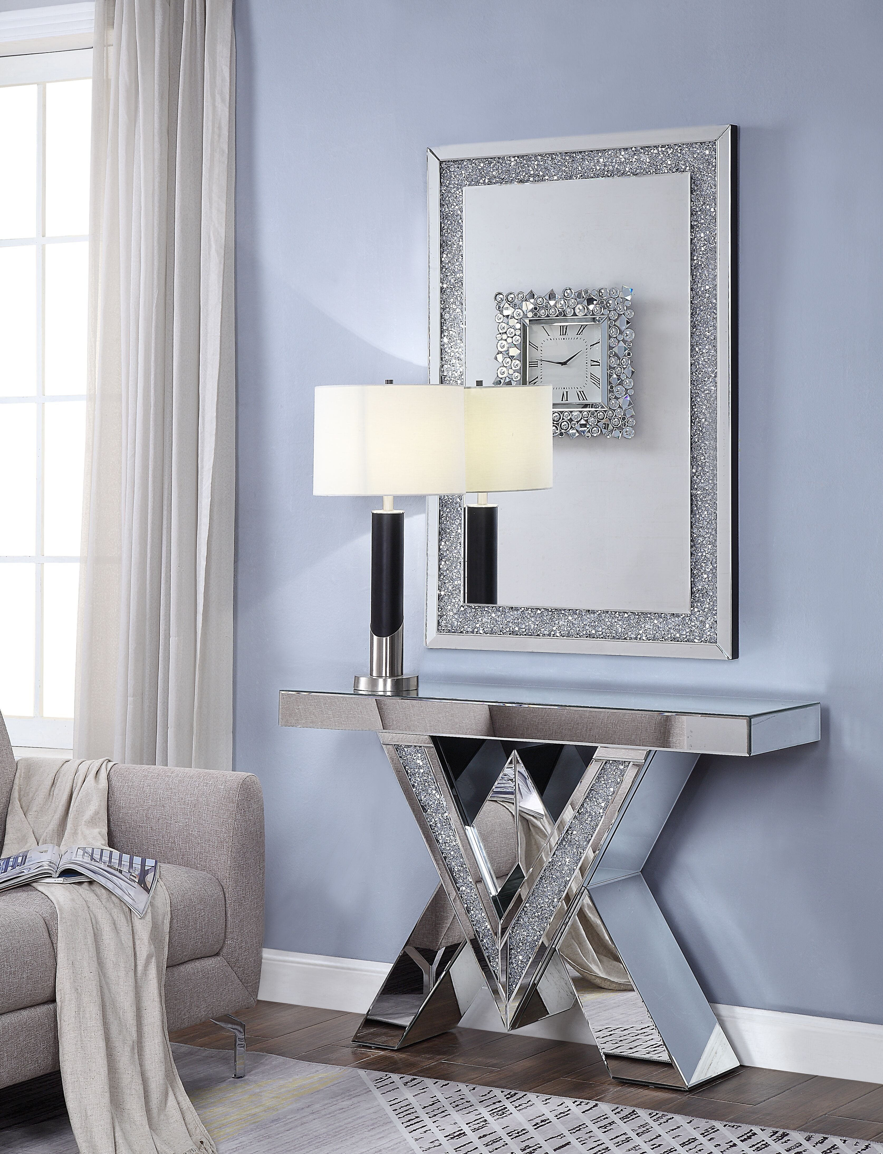 Acme Noralie Console Table in Mirrored and Faux Diamonds
