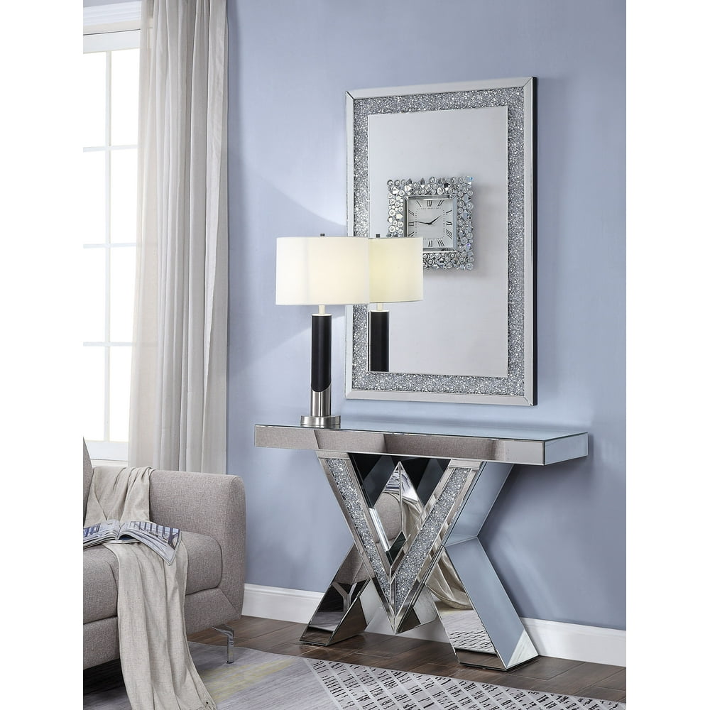 Acme Noralie Console Table in Mirrored and Faux Diamonds