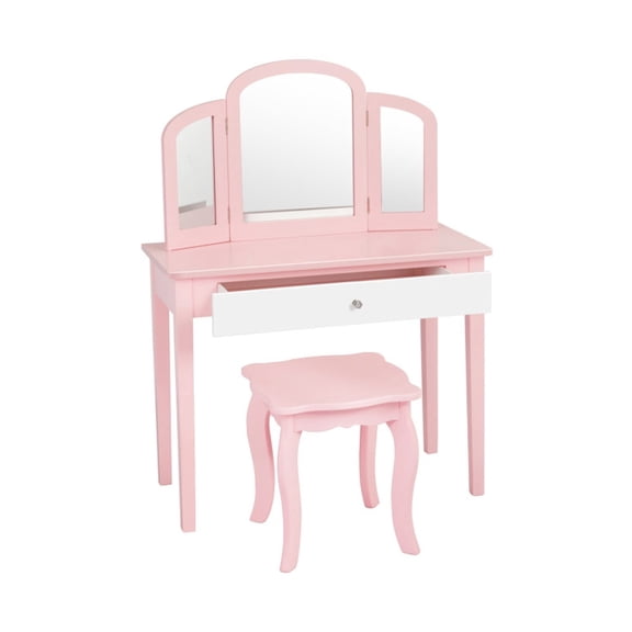 Furnibear Kids Princess Makeup Dressing Table Vanity Set with Tri-Folding Mirror and Chair and Drawer for Girls Bedroom, Pink